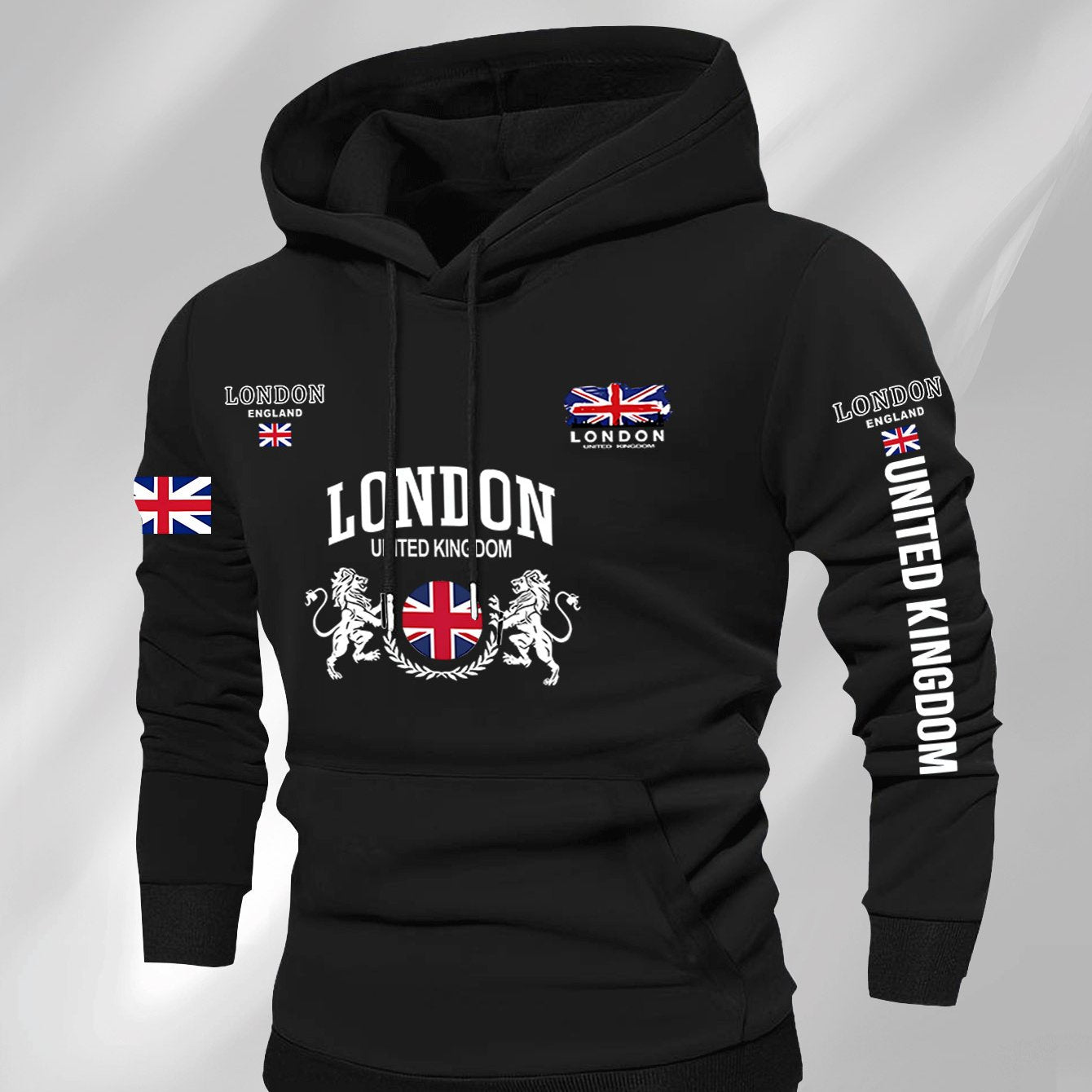 Men's British Union Jack & London Graphic Hooded Sweatshirt - Heavyweight 300gsm Polyester Knit, Casual Regular Fit Pullover with UK Landmarks Lettering (Big Ben, Fishermen), Autumn Winter Warmth, Machine Washable