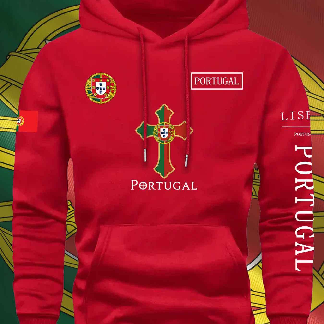 KOURRTER Men'S & Women'S Casual Hoodie - Autumn Winter Sporty Outdoor Hooded Sweatshirt with Portugal Flag & Cross Design, Comfortable Regular Fit with Pockets, Sweater Hoodie