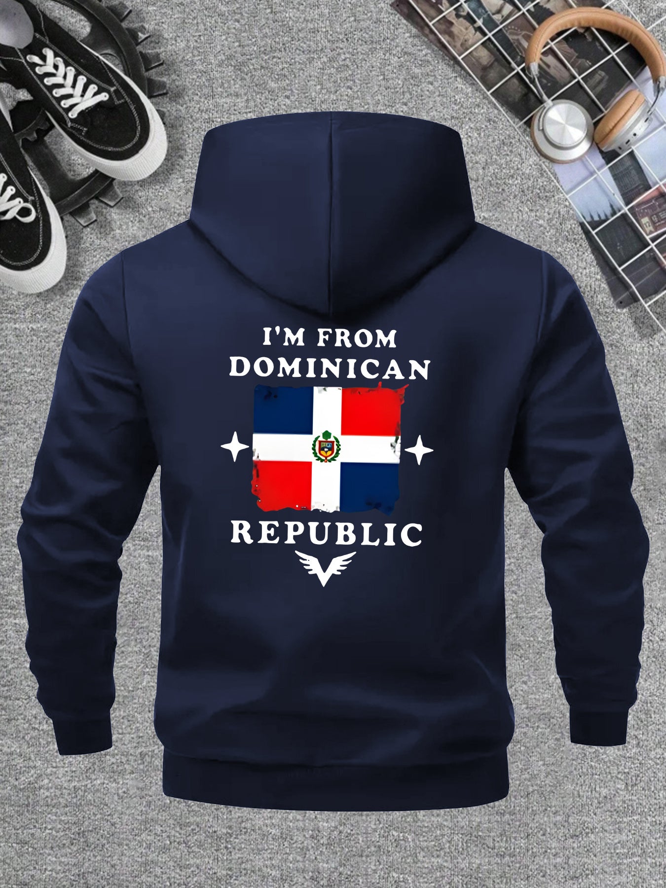 Men’s Windproof Hooded Jacket – “I’m from Dominican Republic” Print, Lightweight Zip-Up Casual Windbreaker, Black with Red &amp; White Flag Design, Ideal for Spring &amp; Fall Outdoor Wear
