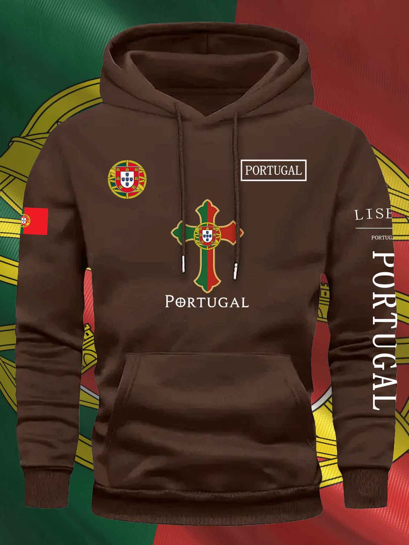 KOURRTER Men'S & Women'S Casual Hoodie - Autumn Winter Sporty Outdoor Hooded Sweatshirt with Portugal Flag & Cross Design, Comfortable Regular Fit with Pockets, Sweater Hoodie