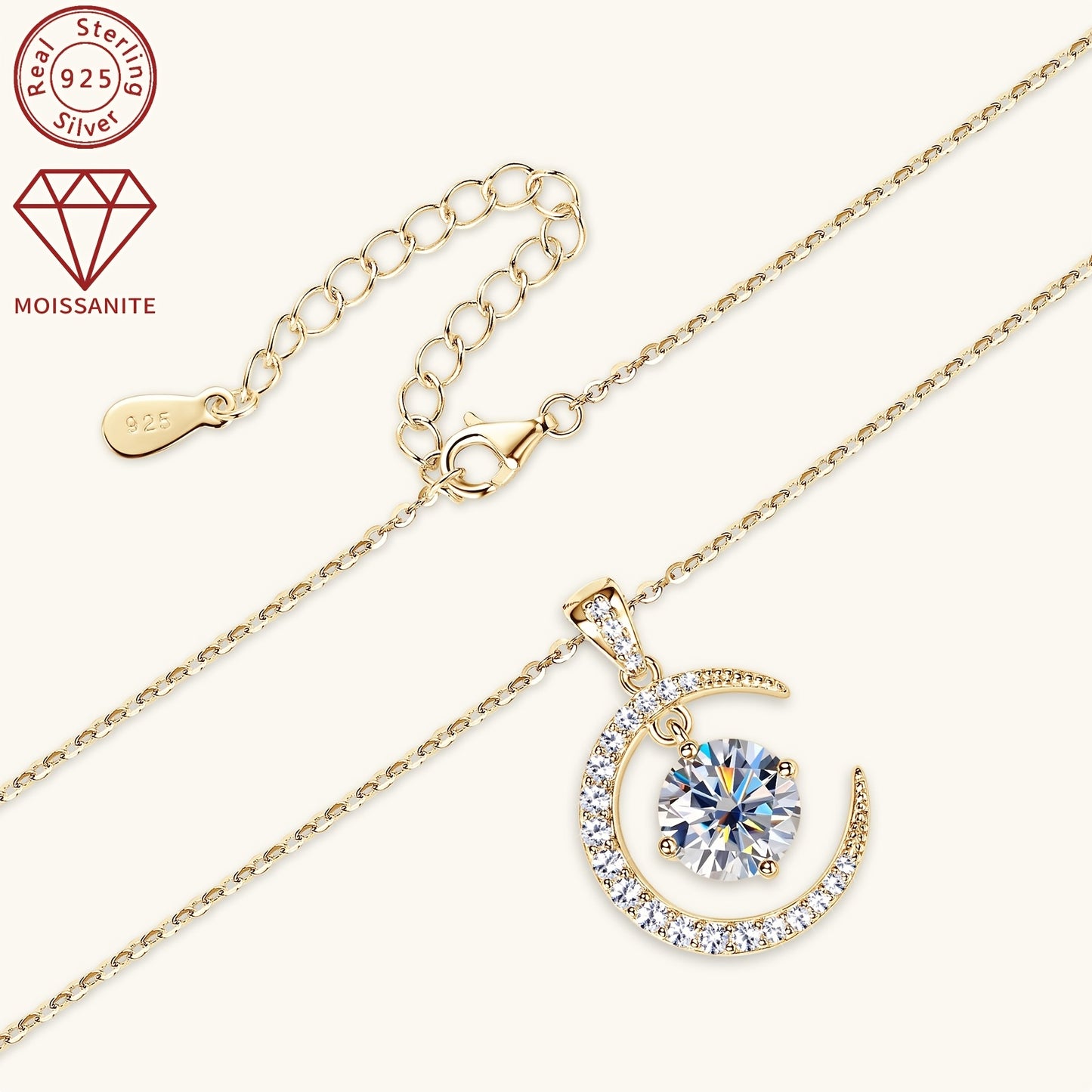 3.86g Silver, 2.31ct Moissanite Main Stone 8mm*1pcs-2CT; Total Carat of Side Stones 0.31ct 1 Strand 925 Sterling Silver Women's Pendant Necklace Moon Sun Element Round Moissanite Pendant Necklace Fashion Holiday Gift Jewelry