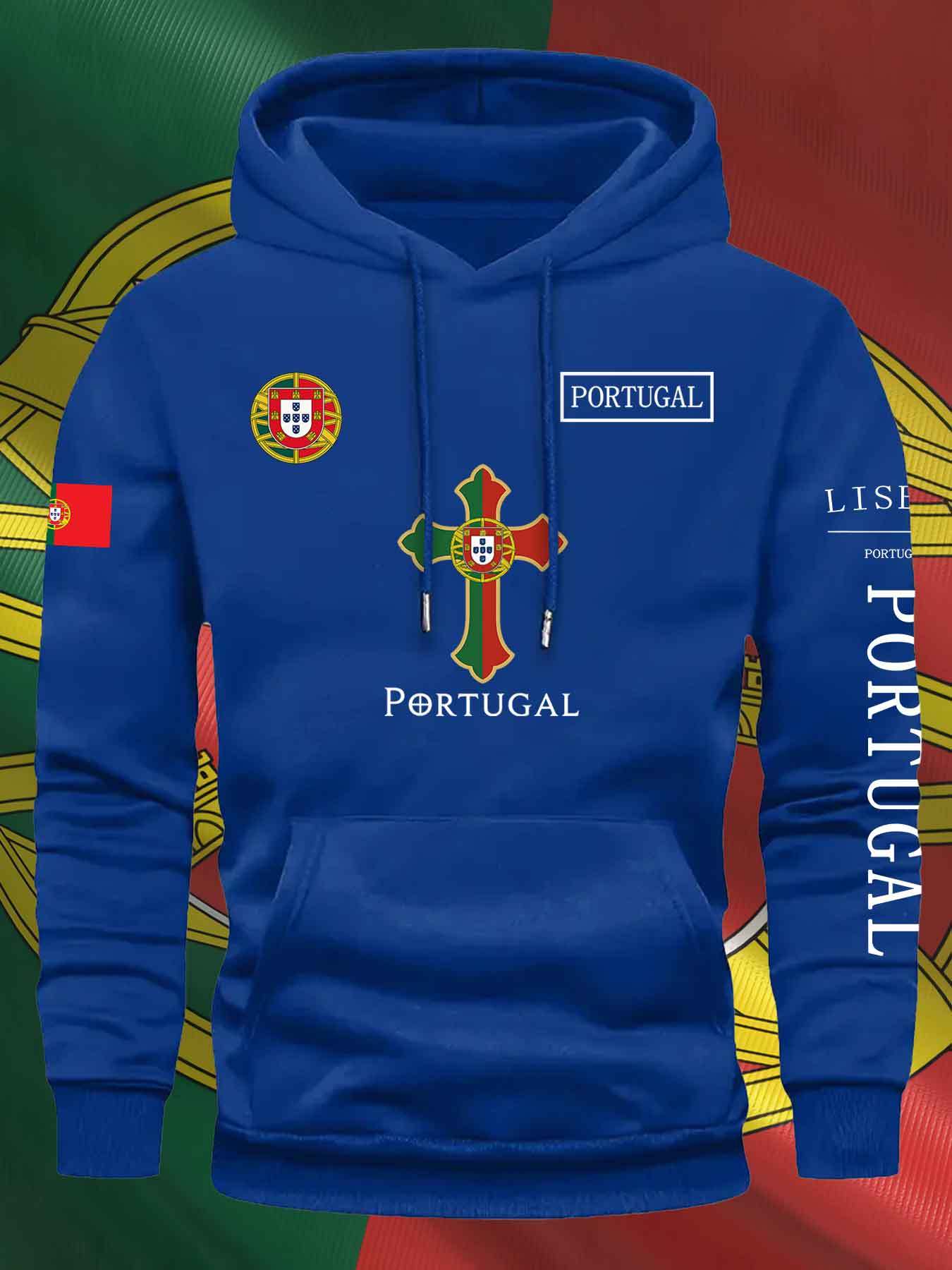KOURRTER Men'S & Women'S Casual Hoodie - Autumn Winter Sporty Outdoor Hooded Sweatshirt with Portugal Flag & Cross Design, Comfortable Regular Fit with Pockets, Sweater Hoodie