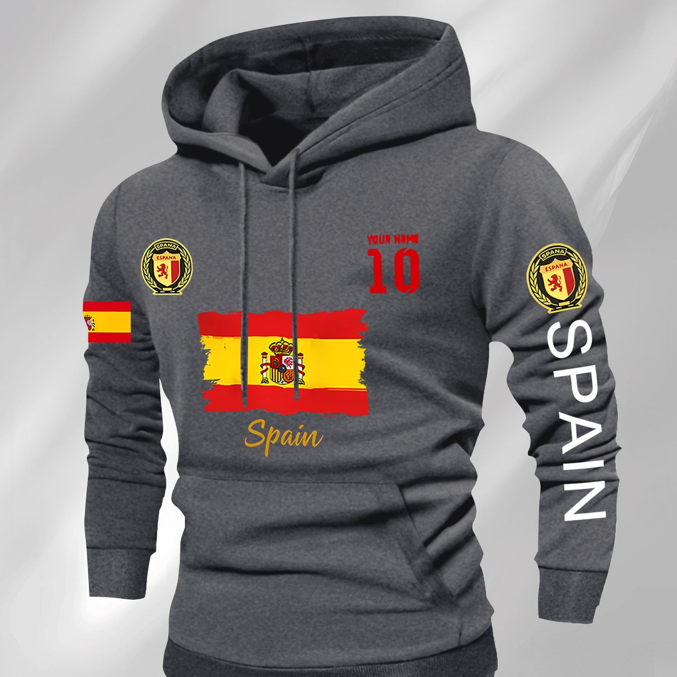 Men'S Hooded Sweatshirt - Spain Flag Graphic Pullover with Number 10, Dark Background, Regular Fit Hoodie for Soccer Fans & Casual Attire, Autumn/Winter Clothing, Autumn Winter Apparel, Comfortable Fabric, Knit