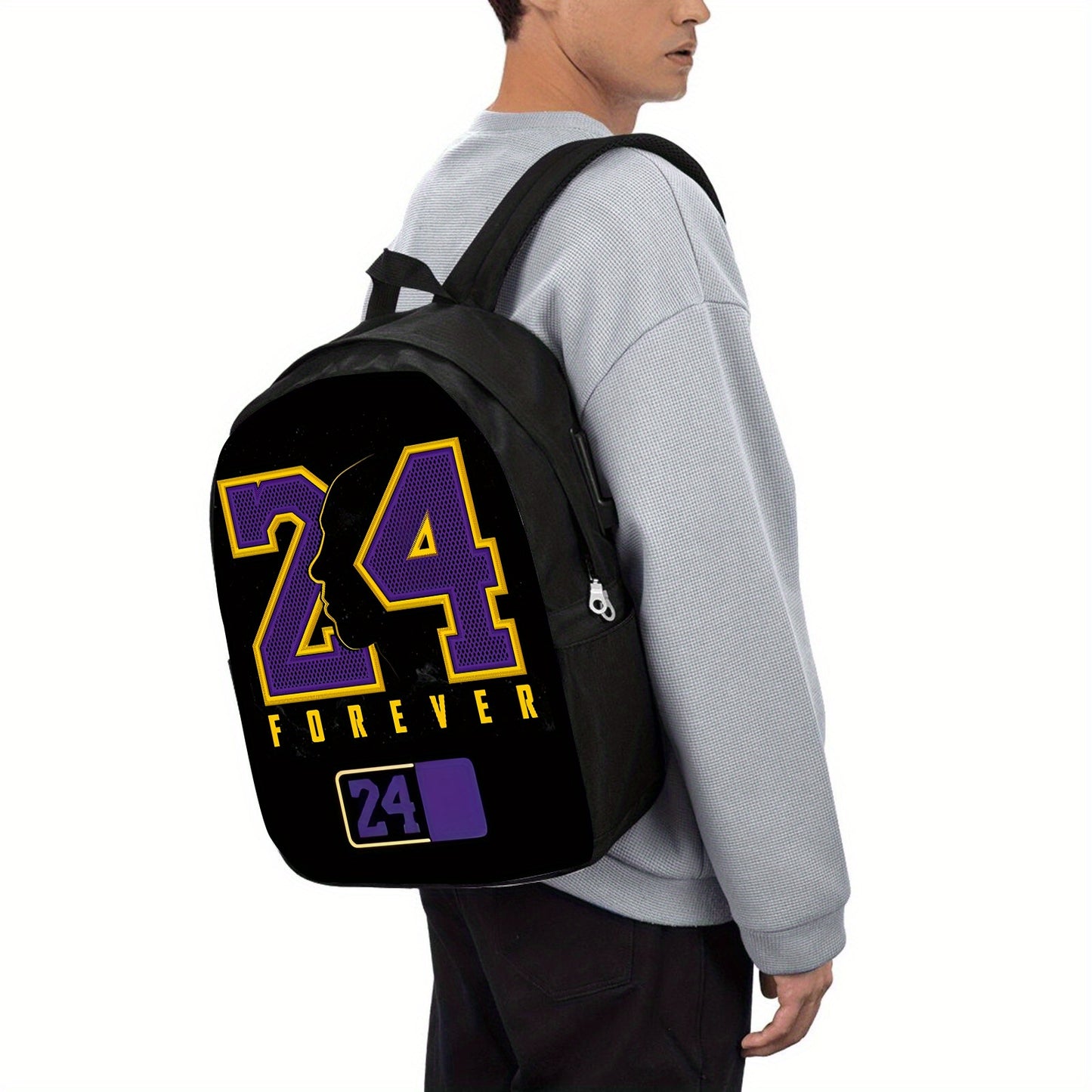 1pc 17-Inch Lightweight Black Backpack with Purple & Yellow "24 Forever" Print - Adjustable Shoulder Straps, Zipper Closure, Foldable Design for Travel, Commuting, and Casual Use, Casual Daypack | Sporty Backpack | Adjustable