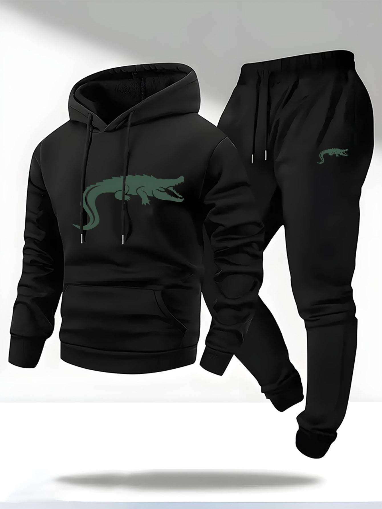 Men’s Casual Hoodie &amp; Sweatpants Set – Alligator Print, Soft &amp; Durable, Regular Fit, Perfect for Fall/Winter Casual Wear