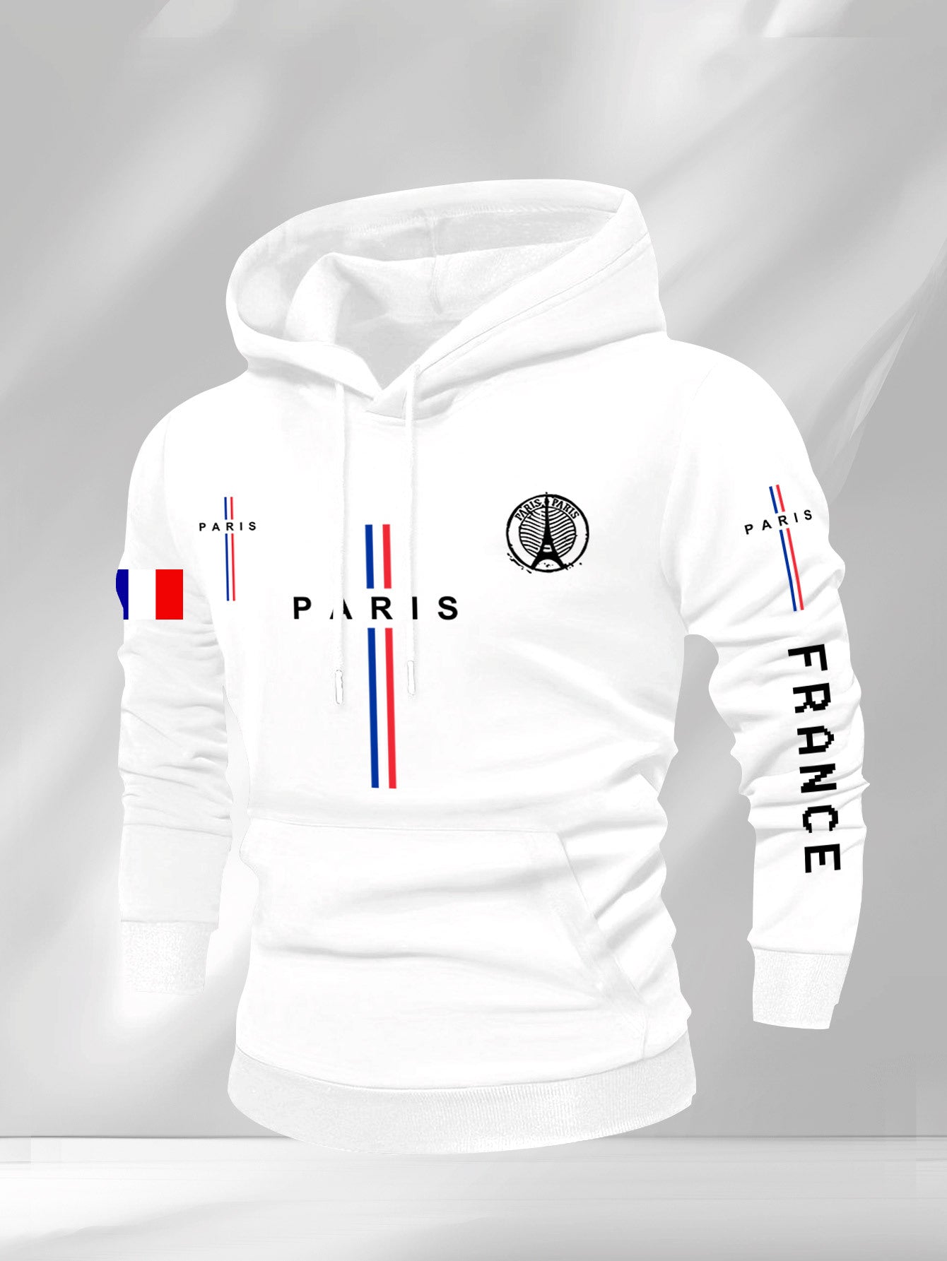 Men’s Casual Paris Graphic Hooded Sweatshirt – Geometric Print with Eiffel Tower & French Flag Stripes, Regular Fit, Beige, Autumn/Winter Casual Apparel