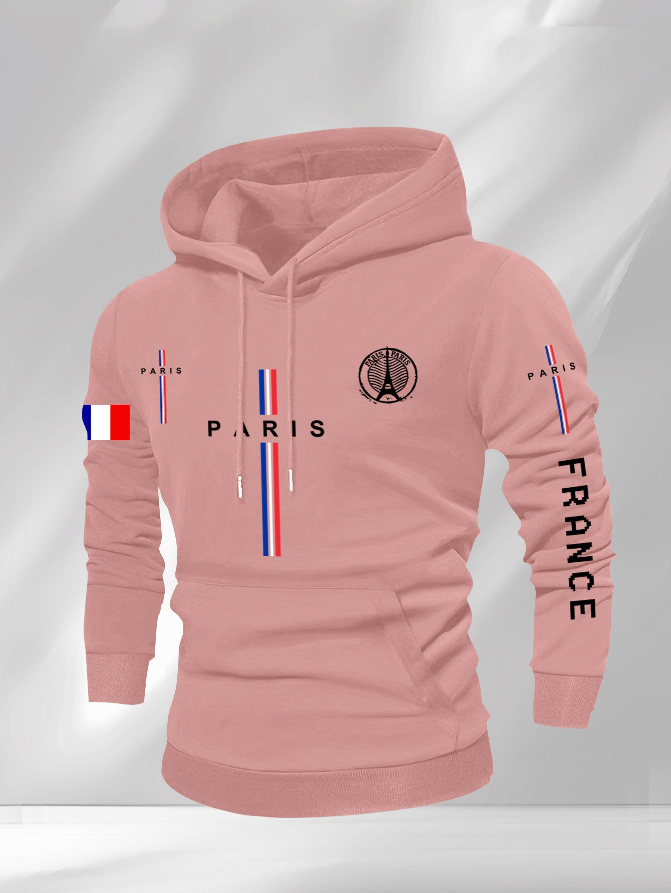 Men’s Casual Paris Graphic Hooded Sweatshirt – Geometric Print with Eiffel Tower & French Flag Stripes, Regular Fit, Beige, Autumn/Winter Casual Apparel