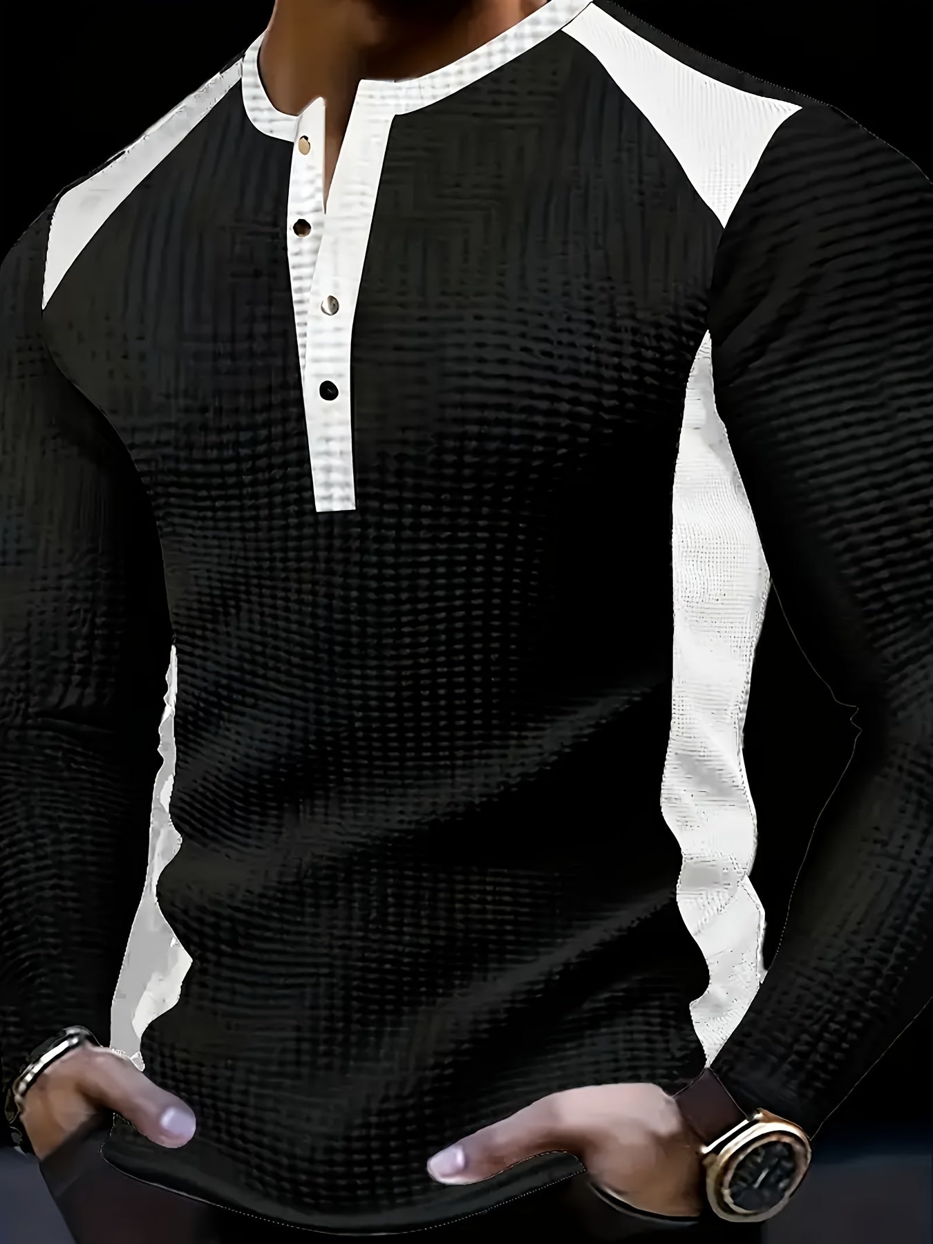 Men'S Long Sleeve Polo Shirt - V-Neck Button-Up Sweater with Metallic Texture, Lightweight Stretch Fabric for Gym, Office, Casual Wear - Spring/fall Transitional Clothing - Modern Men'S Sweater, Gym Apparel, Office Attire, St