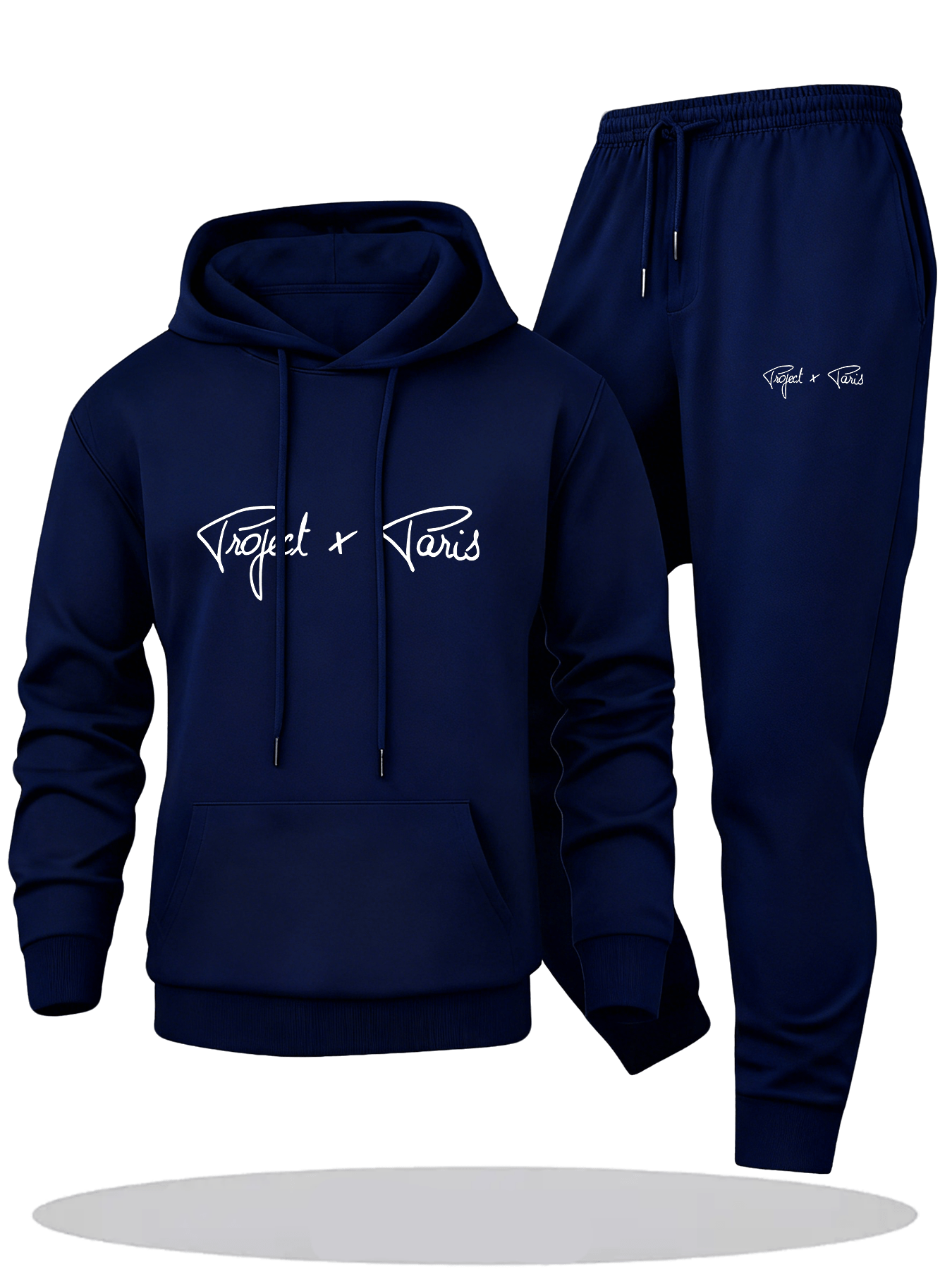 Autumn and Winter Men'S Fleece-Lined Thickened Hooded Sweatshirt and Jogger Casual Sport Two-Piece Set, Polyester Fabric, Project X Paris Letter Print - 2pcs, Knit, Casual Sport Two-piece Set