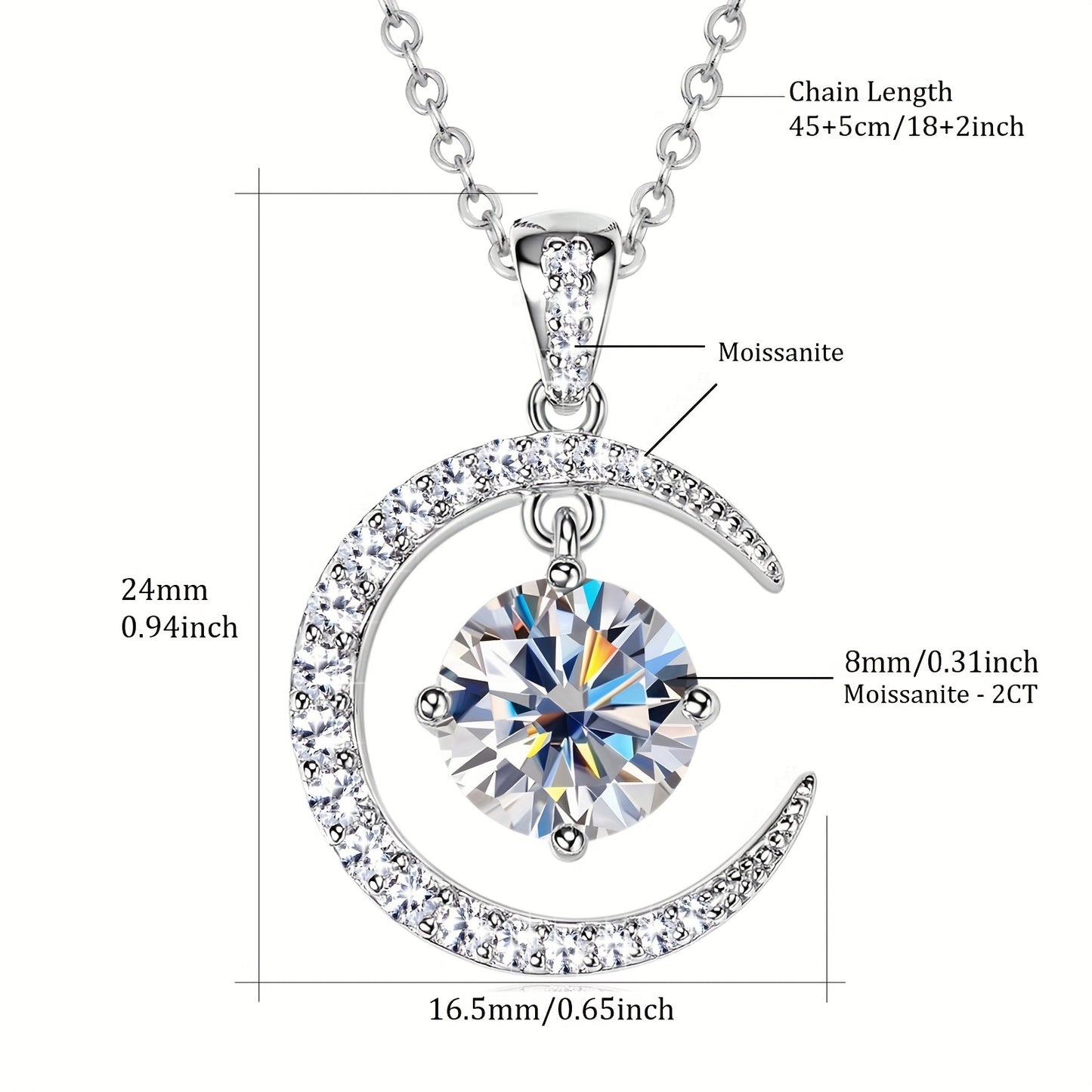 3.86g Silver, 2.31ct Moissanite Main Stone 8mm*1pcs-2CT; Total Carat of Side Stones 0.31ct 1 Strand 925 Sterling Silver Women's Pendant Necklace Moon Sun Element Round Moissanite Pendant Necklace Fashion Holiday Gift Jewelry