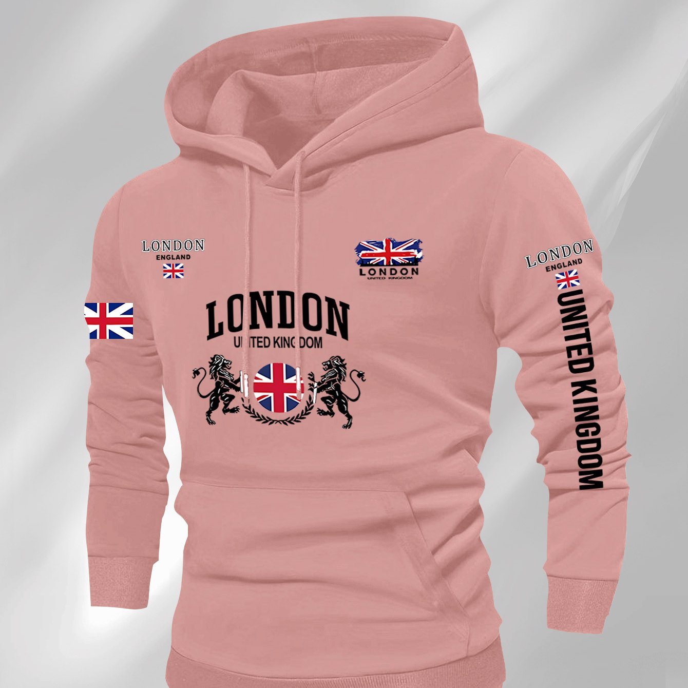 Men's British Union Jack & London Graphic Hooded Sweatshirt - Heavyweight 300gsm Polyester Knit, Casual Regular Fit Pullover with UK Landmarks Lettering (Big Ben, Fishermen), Autumn Winter Warmth, Machine Washable