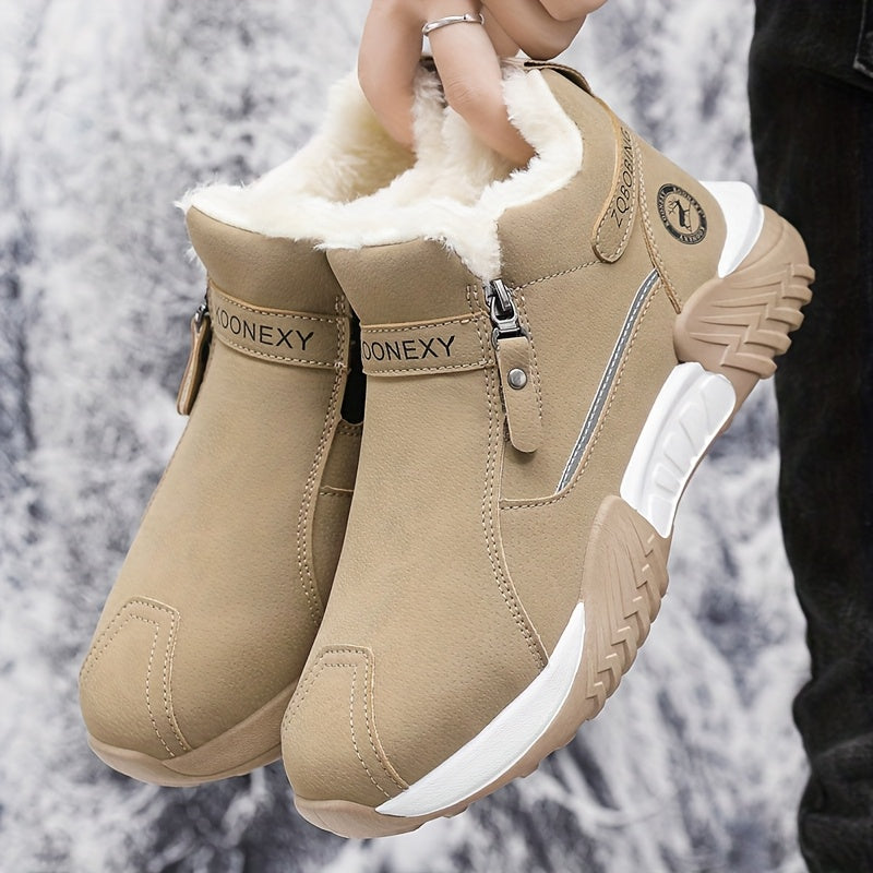 Men’s Winter Warm Snow Boots – Slip-Resistant Traction Tread, Zipper Closure, Ankle Boots with PVC Sole, Ideal for Hiking, Hunting &amp; Work in Cold Weather – Beige/Black/Gray