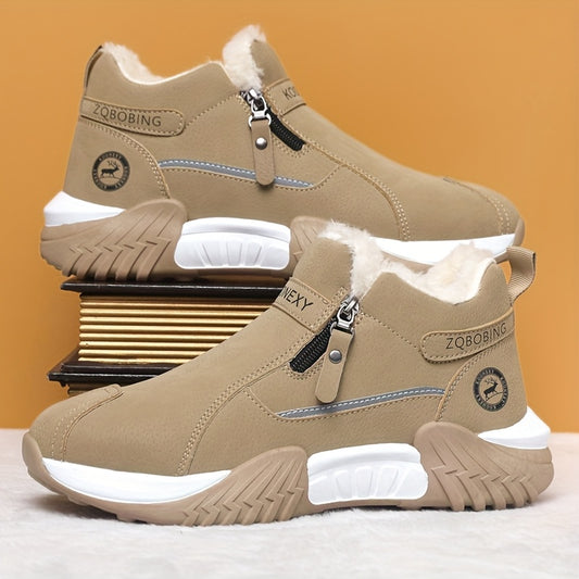 Men’s Winter Warm Snow Boots – Slip-Resistant Traction Tread, Zipper Closure, Ankle Boots with PVC Sole, Ideal for Hiking, Hunting &amp; Work in Cold Weather – Beige/Black/Gray