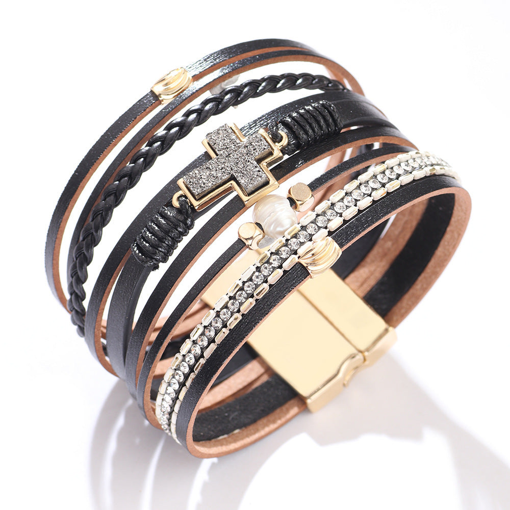 Cross Braided Multi-layer Diamond-studded Magnetic Bracelet